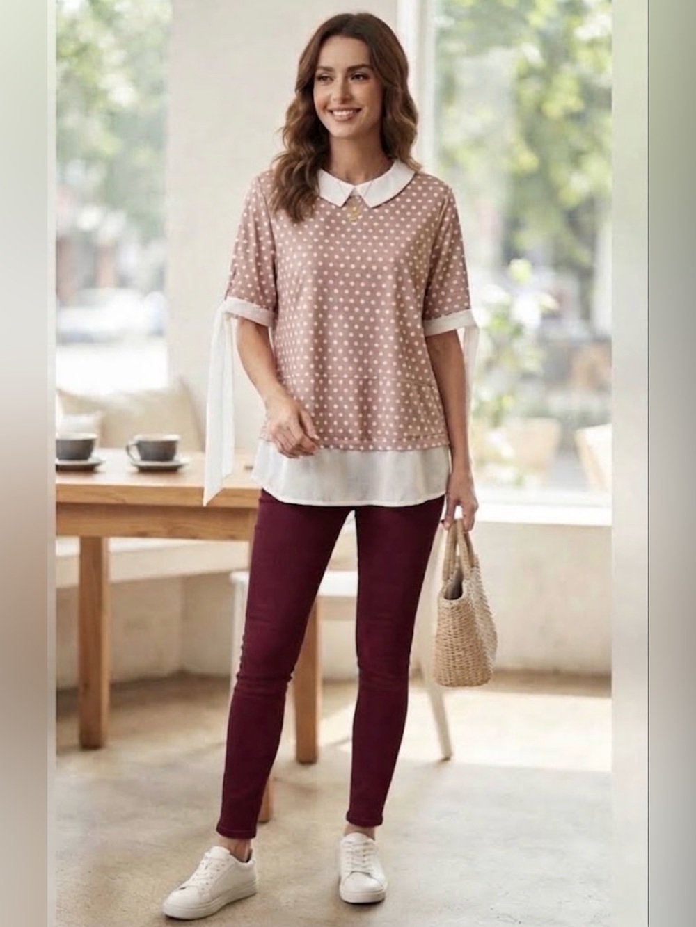 Faith and Joy Pink Polka Dot Blouse with White Accents size M